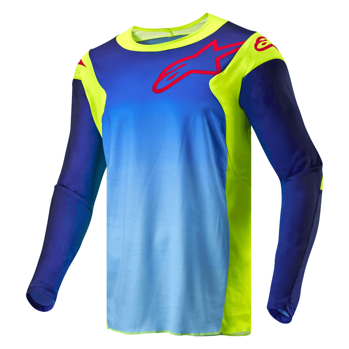 Alpinestars 2024 Racer Hoen Jersey, koszulka motocrossowa, żółty fluo i granatowy Blue Night Navy, niebieski korpus z gradientem i fluorescencyjnymi żółtymi panelami, czerwone logo Alpinestars na klatce piersiowej i ramionach, techniczna odzież off-road z długim rękawem