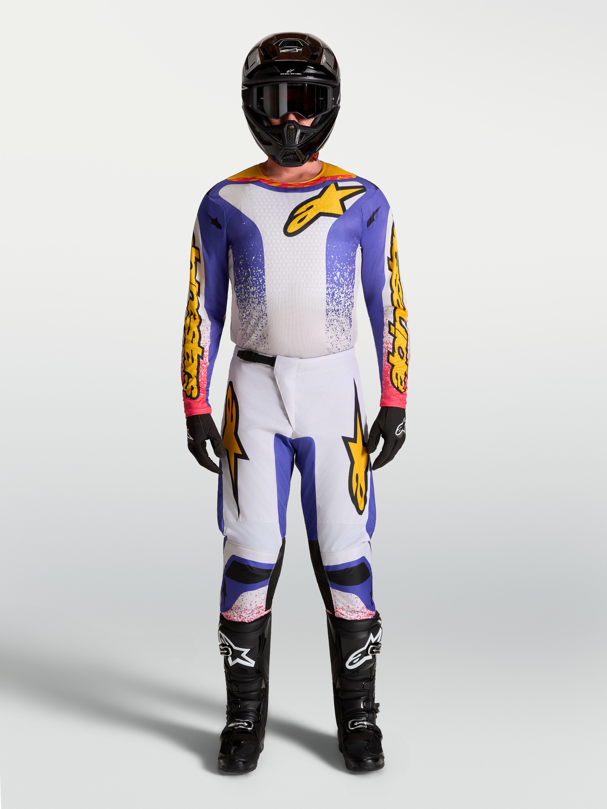 Alpinestars Fluid Drag, męska koszulka i zestaw motocrossowy, niebieski i złoty, ergonomiczna elastyczna tkanina.