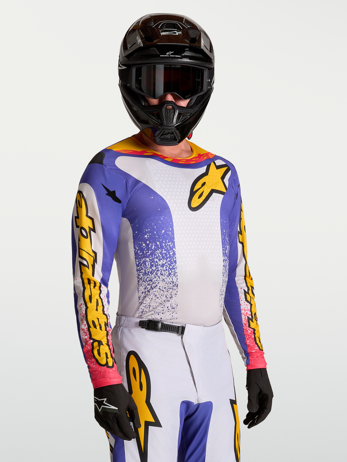 Alpinestars koszulka Fluid Drag, męska koszulka motocrossowa, niebieska i żółta, lekki materiał odprowadzający wilgoć do jazdy off-road, sportowy krój z logo Astars.
