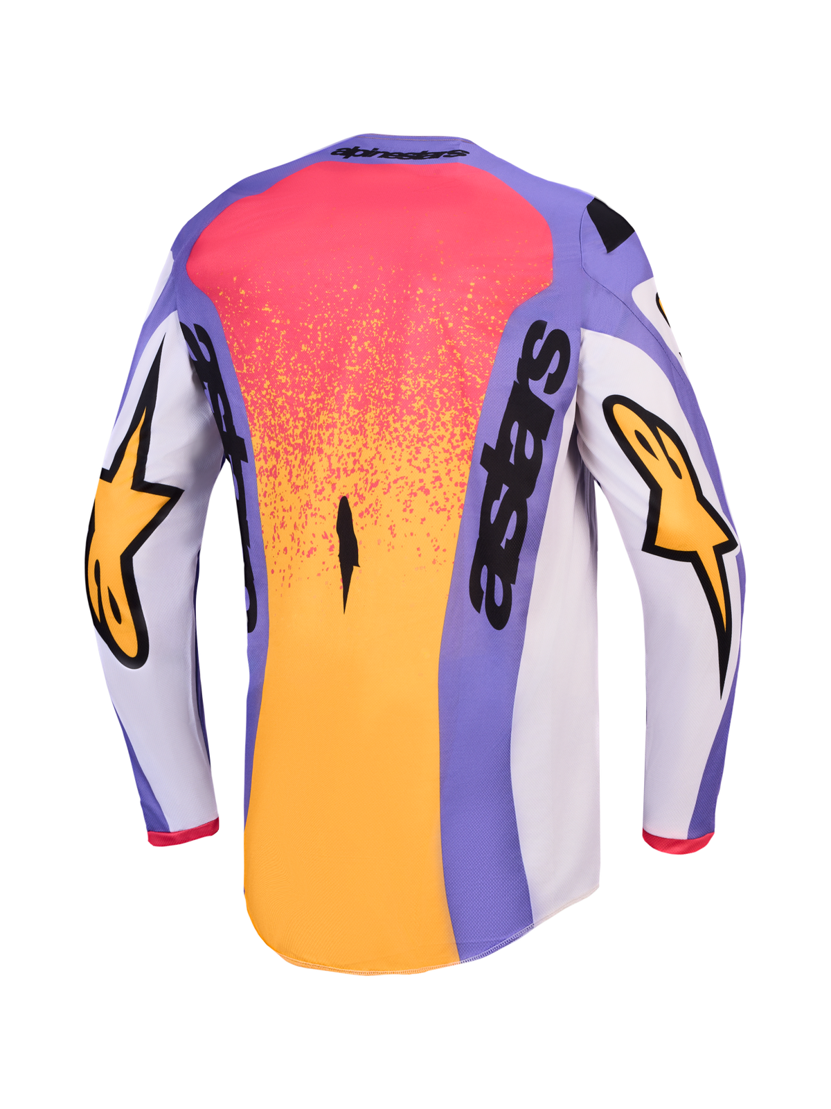 Alpinestars koszulka Fluid Drag, męska koszulka motocrossowa, jasnofioletowa i złota, widok z tyłu z przedłużonym tyłem.