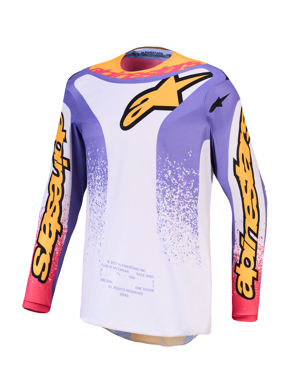 Alpinestars Fluid Drag, męska koszulka motocrossowa, jasnofioletowa i niebieska, materiał odprowadzający wilgoć, białe i żółte grafiki, sportowy krój MX