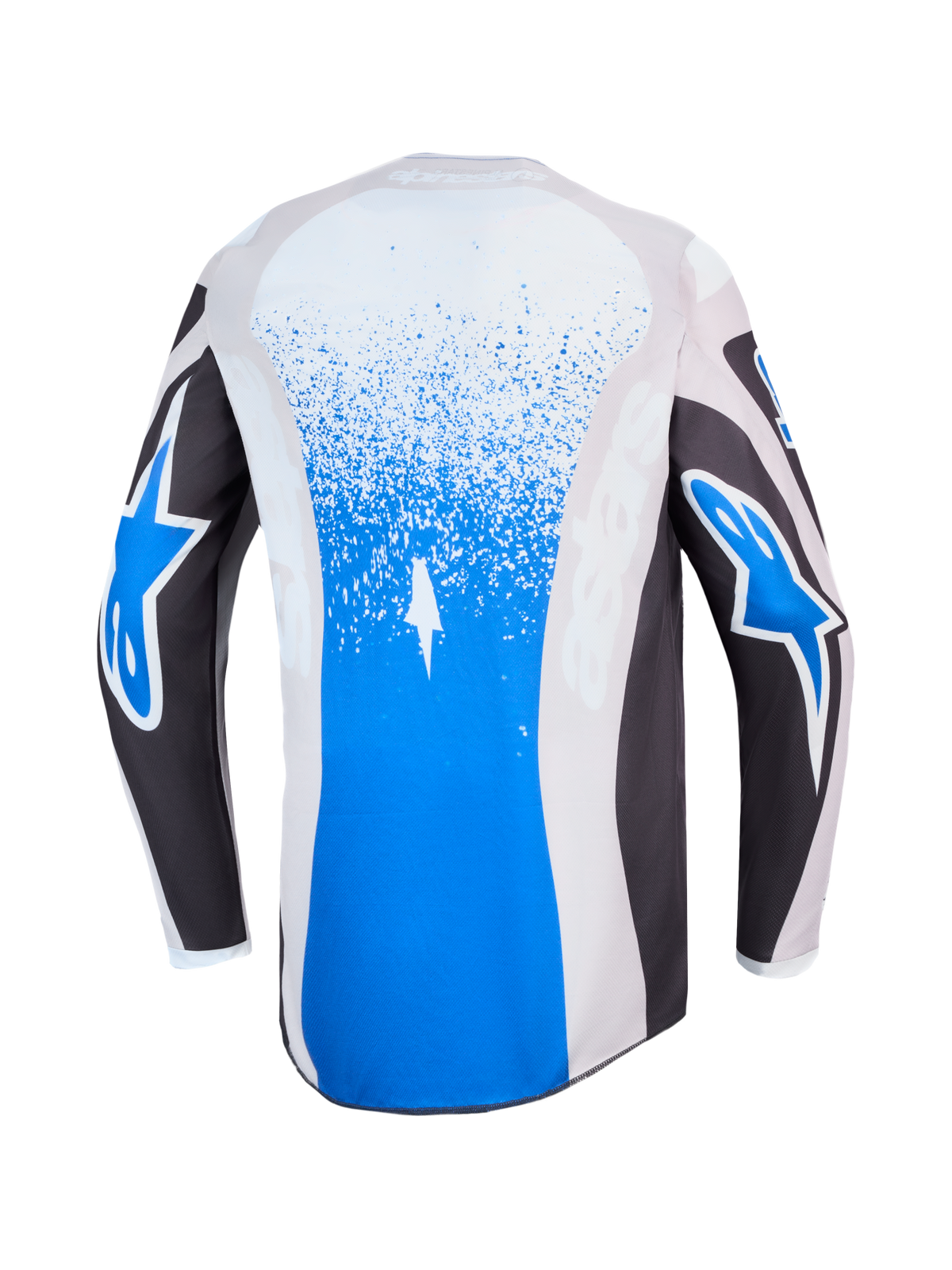 Alpinestars Fluid Drag, niebieska i szara koszulka motocrossowa, widok z tyłu z grafiką rozprysków i logo gwiazdy