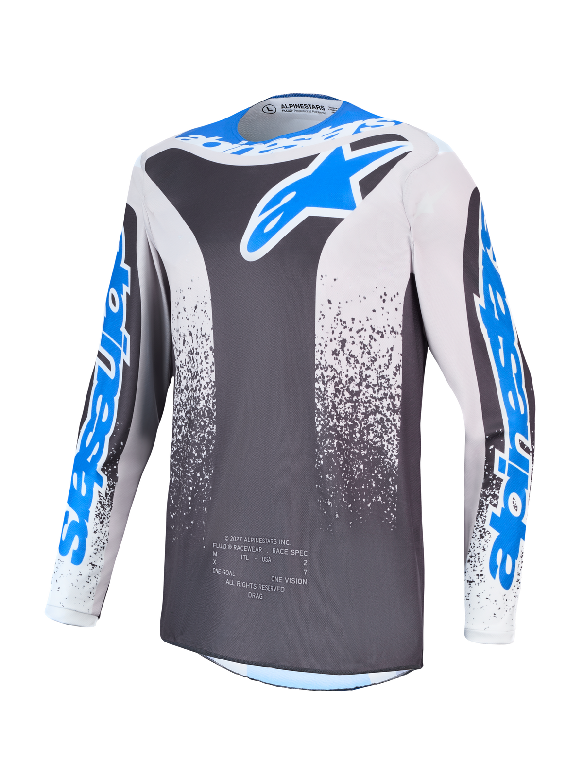 Alpinestars Fluid Drag, męska koszulka motocrossowa, szara i niebieska, lekka poliestrowa konstrukcja odprowadzająca wilgoć