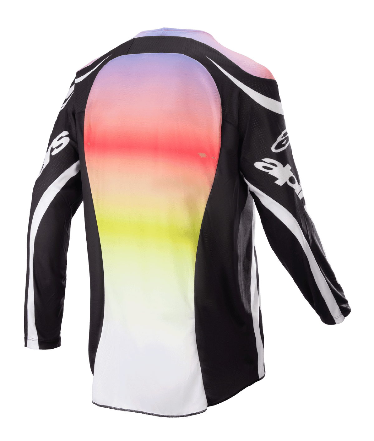 Alpinestars 2023 Racer Semi Jersey, koszulka motocrossowa, kolor czarny wielokolorowy, widok z tyłu z dużym centralnym panelem z wyrazistym gradientem od fioletu do żółtego, czarne rękawy i ramiona z białymi akcentami logo i zakrzywionymi liniami, zaprojektowana z myślą o wydajności w terenie