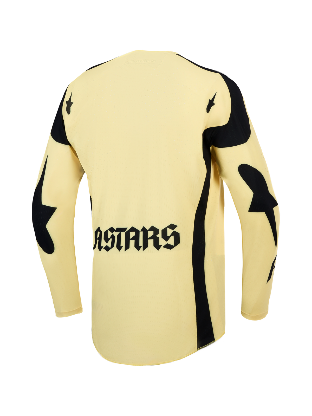 Alpinestars Techstar Atrox, męska koszulka motocrossowa, żółto-czarna, tył z logo ASTARS i laserowymi perforacjami.
