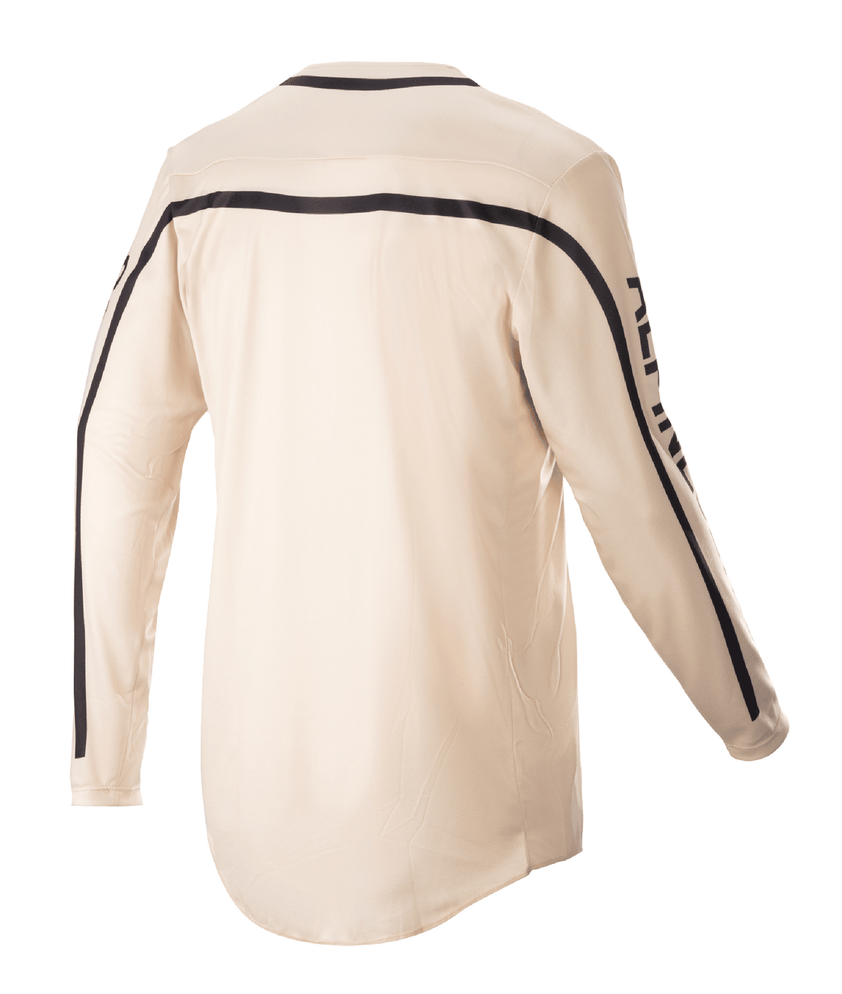 Alpinestars 2023 Racer Found Jersey, koszulka motocrossowa, kolor Mountain (beżowy), widok z tyłu, z czarnymi pasami na ramionach i wzdłuż rękawów, ergonomiczny krój z wydłużonym tyłem zapewniający lepszą osłonę podczas jazdy