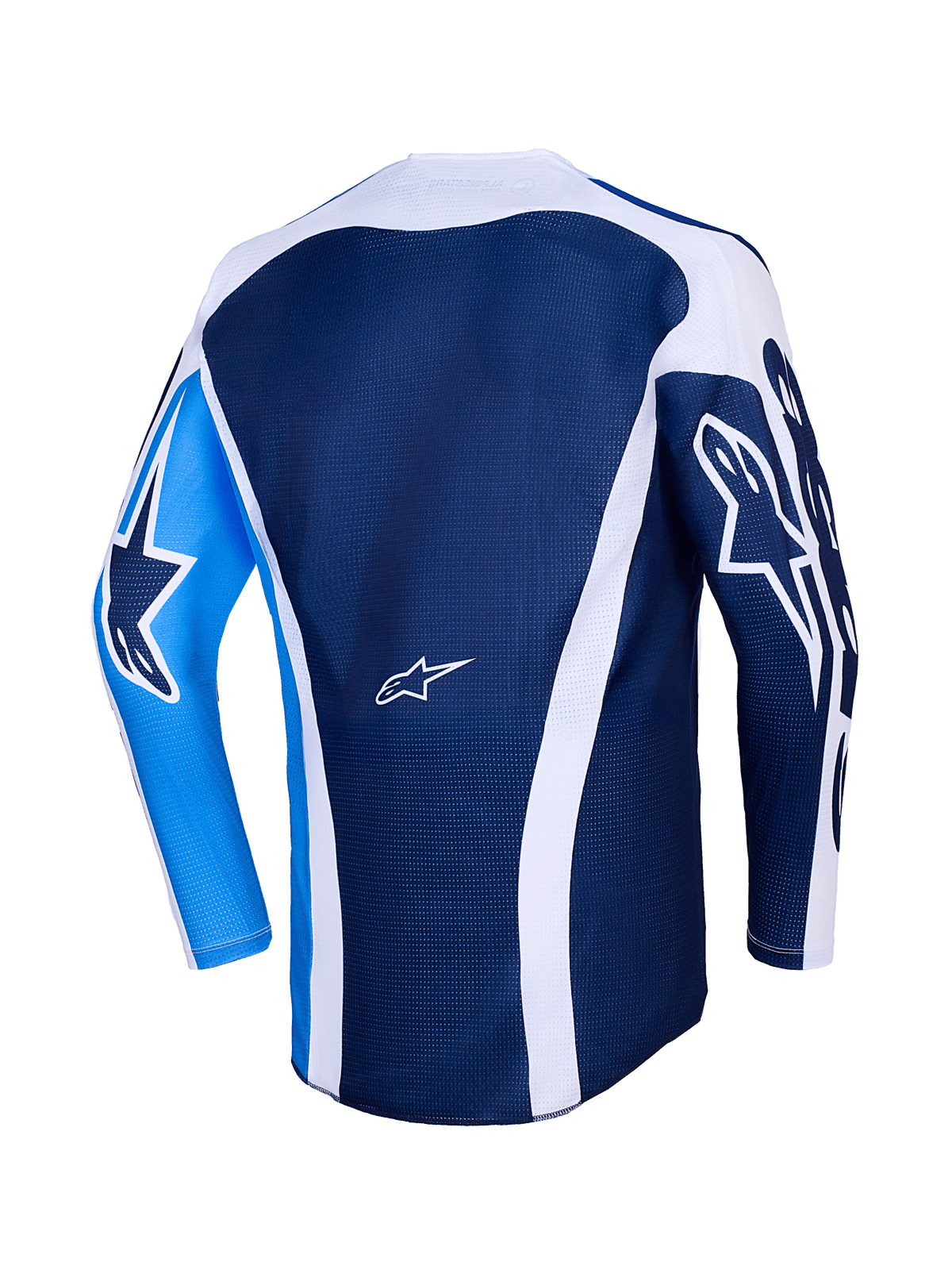 Alpinestars 2026 Racer Air Portl Jersey, Back view, Ucla Blue and White, dark blue mesh body with white curved accents, bright blue left sleeve with a dark blue star logo, dark blue right sleeve with white star logo, breathable motocross performance jersey
