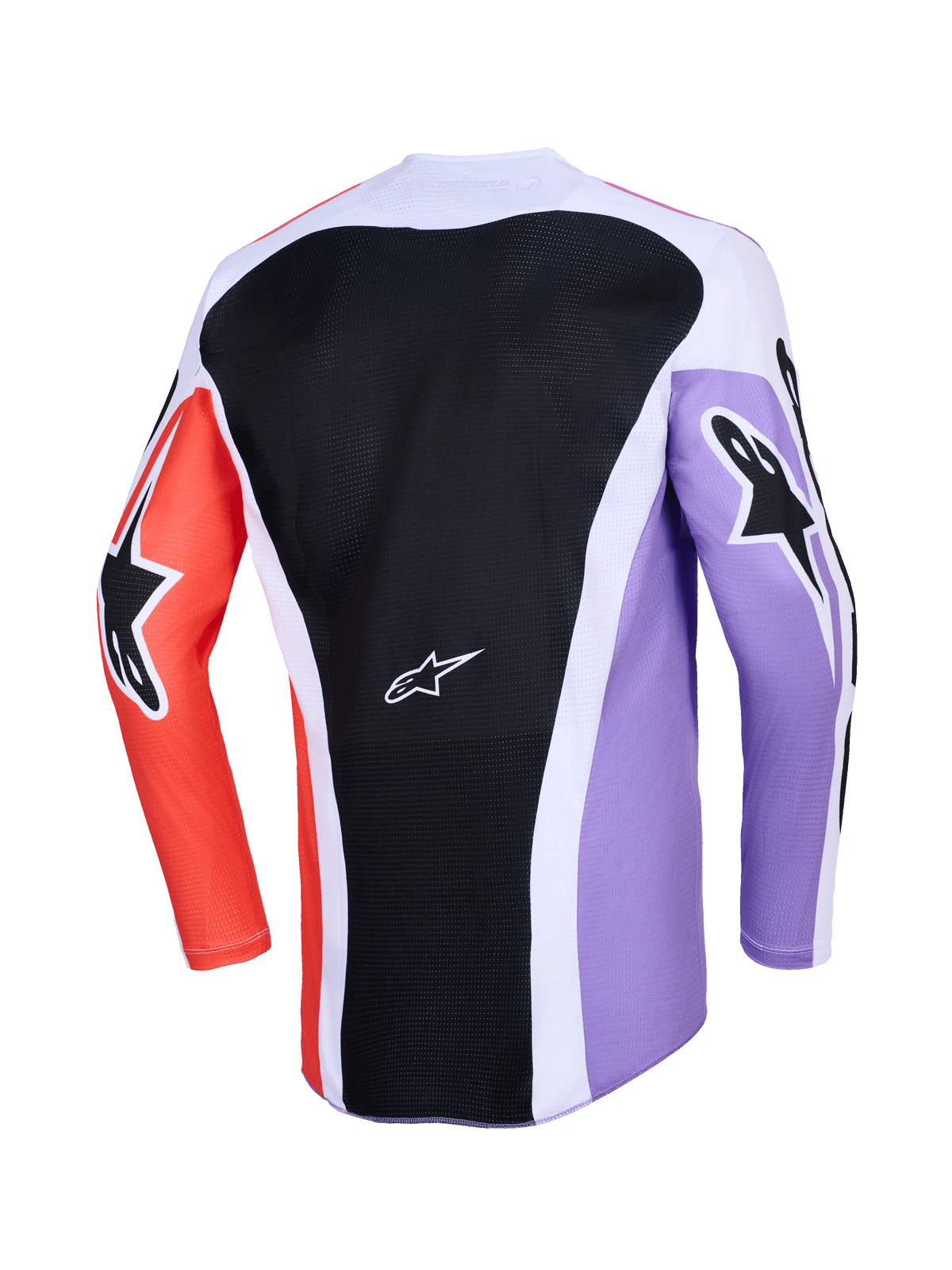 Alpinestars 2026 Racer Air Portl Jersey, widok z tyłu koszulki motocrossowej z długim rękawem, wielokolorowy design z czarnym siatkowym panelem na plecach, fioletowe i pomarańczowe rękawy z czarnym logo gwiazdy, białe akcenty, oddychająca konstrukcja do jazdy off-road