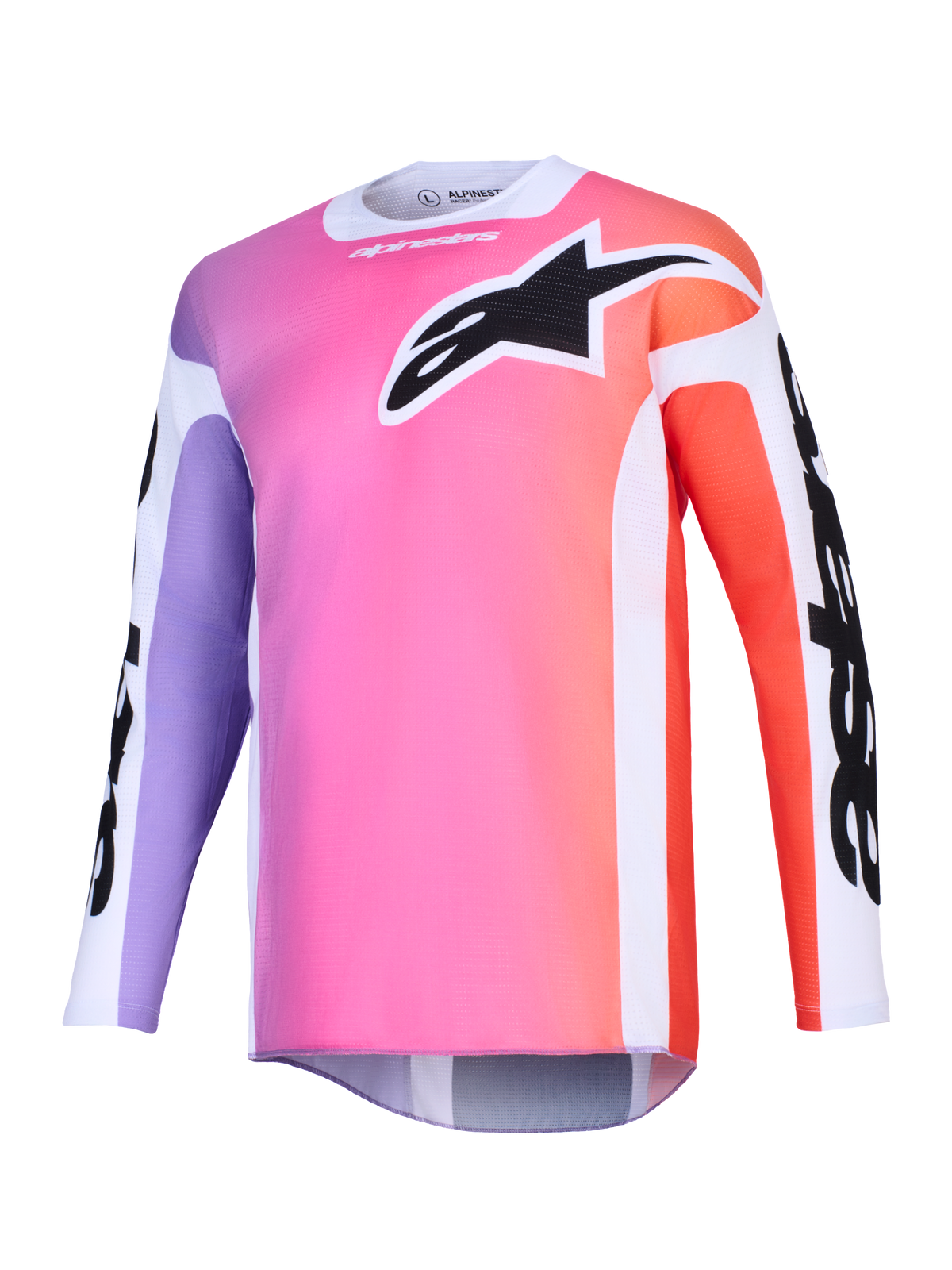 Alpinestars 2026 Racer Air Portl Jersey, koszulka motocrossowa, wielokolorowy gradient w odcieniach różu, fioletu i pomarańczu, duże czarne logo Astars na klatce piersiowej, białe panele boczne, oddychająca tkanina siateczkowa z długimi rękawami i przedłużonym tyłem