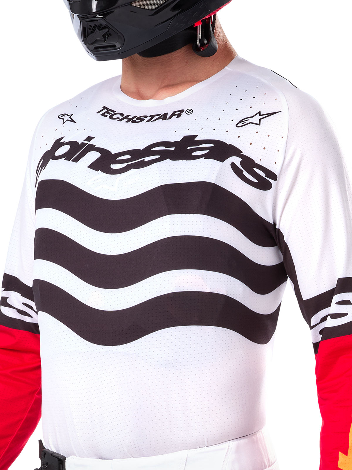 Alpinestars Limited Edition Techstar Deep Jersey, Motocross Jersey, Black White and High Red, athletic race fit with technical stretch panels, bold branding and laser-cut ventilation for off-road performance