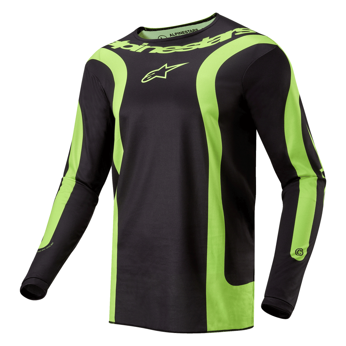 Alpinestars 2024 Fluid Lurv Jersey, koszulka motocrossowa, czarno-żółta fluo, z wyrazistymi zakrzywionymi fluorescencyjnymi żółtymi panelami, logo Alpinestars na klatce piersiowej i napisem wokół kołnierzyka, sportowy krój do jazdy terenowej