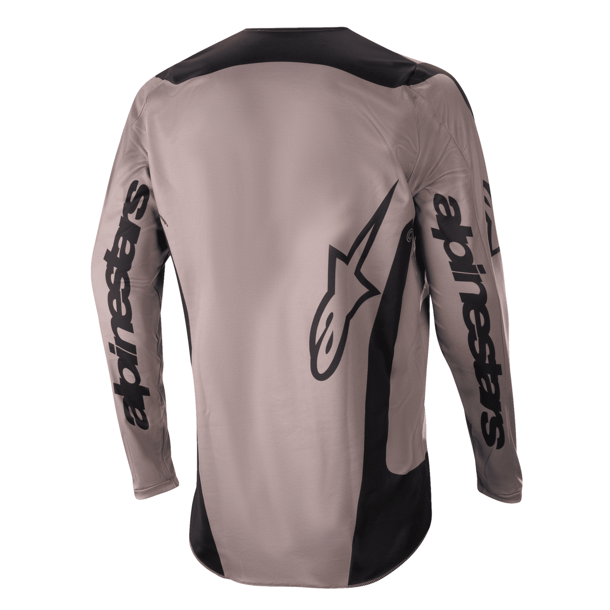 Alpinestars 2024 Fluid Lurv Jersey, koszulka motocrossowa, Mud Black, widok z tyłu z dużym brandingiem Alpinestars na rękawach i w dolnej części pleców, czarne panele na ramionach i bokach, wyczynowa odzież do jazdy terenowej