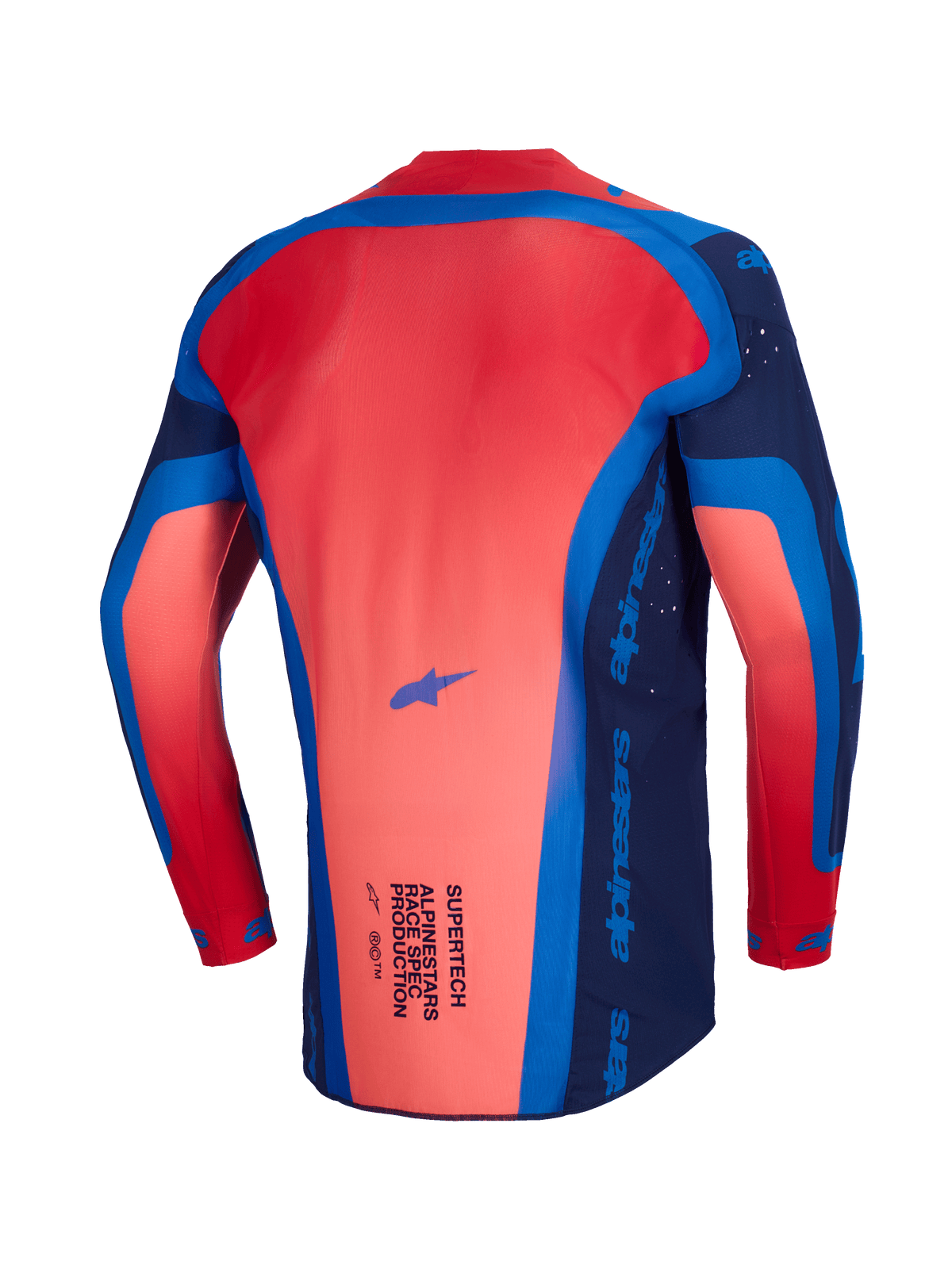 Alpinestars 2026 Supertech Vista Jersey, koszulka motocrossowa, ciemnogranatowa, jaskrawokoralowa i kobaltowa, widok z tyłu pokazujący przedłużony profil pleców i lekką konstrukcję z siateczki