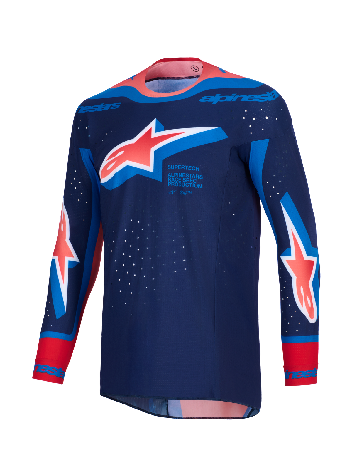 Alpinestars Supertech Vista Jersey 2026, koszulka motocrossowa, ciemnogranatowa z koralowymi i kobaltowymi akcentami, duże logo Astar na klatce piersiowej i rękawach, sportowy krój wyścigowy z laserowo wycinanymi perforacjami i bezszwowym kołnierzykiem