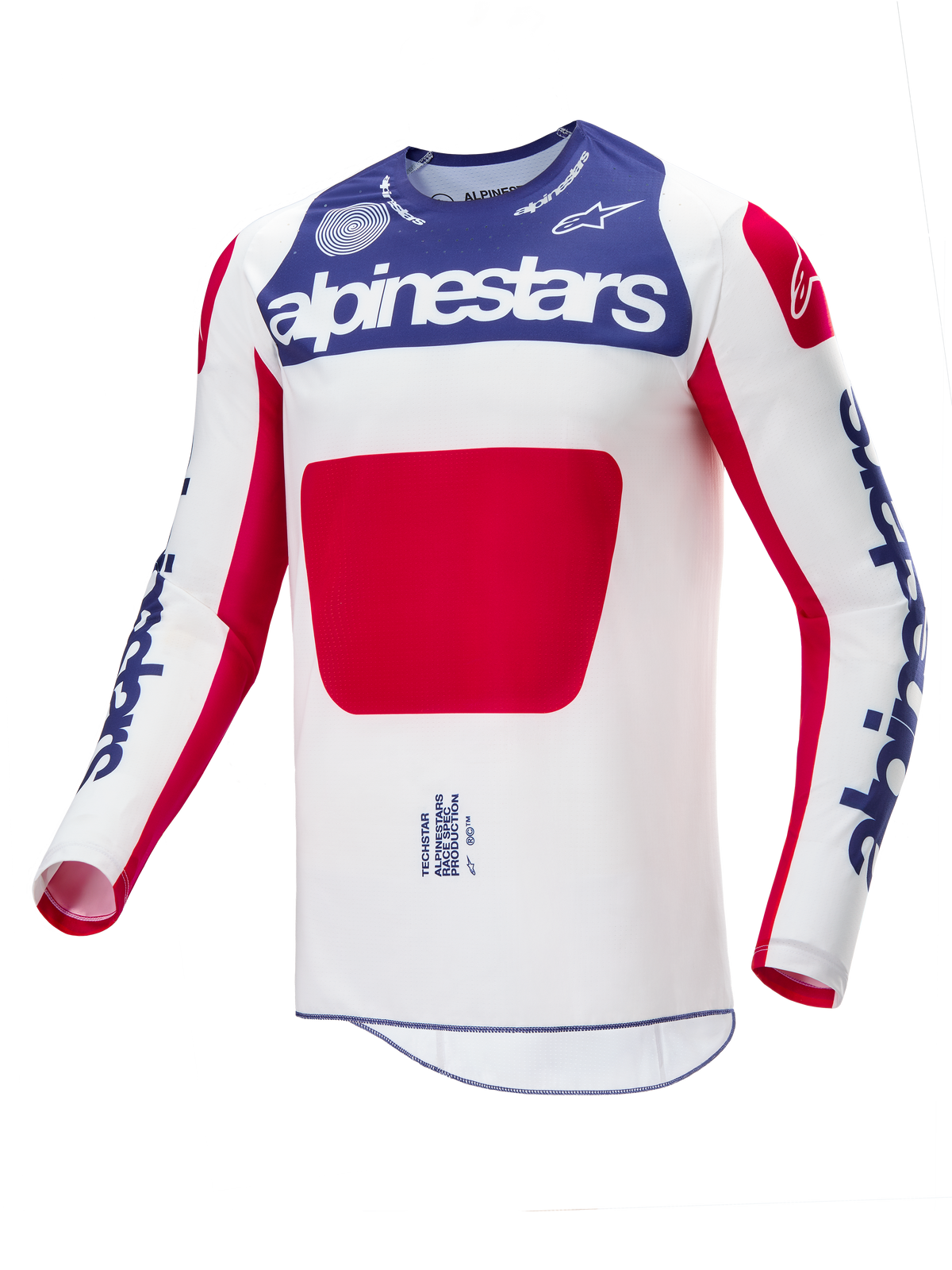 Alpinestars Limited Edition Techstar Fortitude Jersey, koszulka motocrossowa, biało-czerwono-niebieska, biały główny korpus z niebieskim panelem na klatce piersiowej i czerwoną grafiką, niebieskie logo Alpinestars na rękawach, sportowy wyścigowy krój