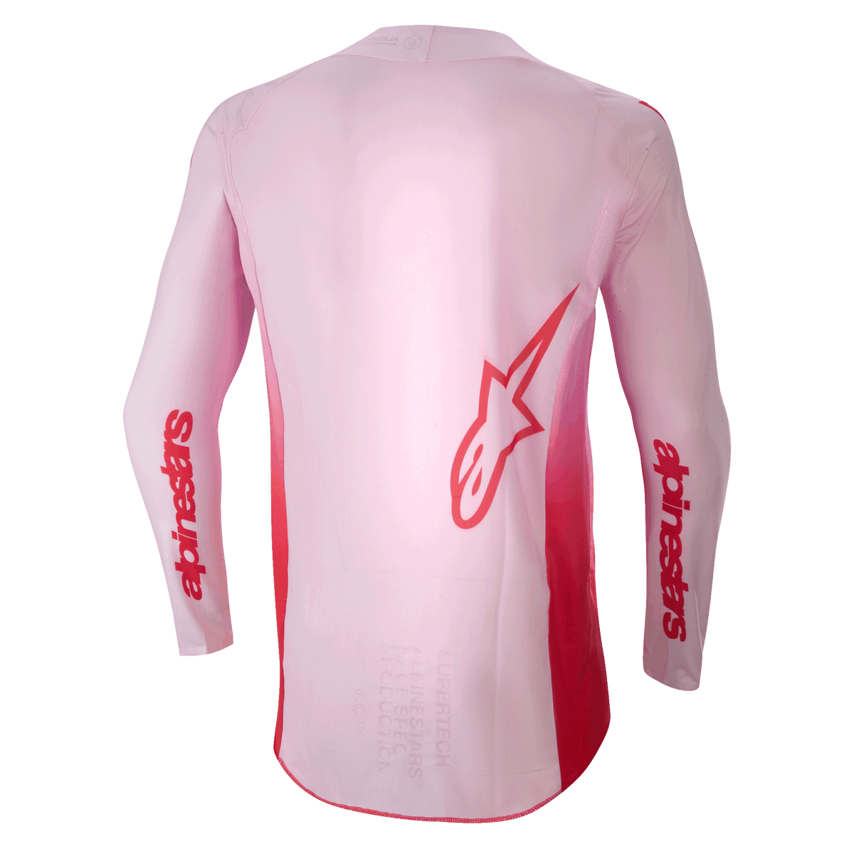 Alpinestars 2024 Supertech Dade Jersey, koszulka motocrossowa, kolor Red Berry Lilac, widok z tyłu z dużym czerwonym logo Astar na plecach i czerwonym brandingiem Alpinestars na rękawach, lekka elastyczna konstrukcja z siatki z wydłużonym tylnym panelem dla wydajności w terenie