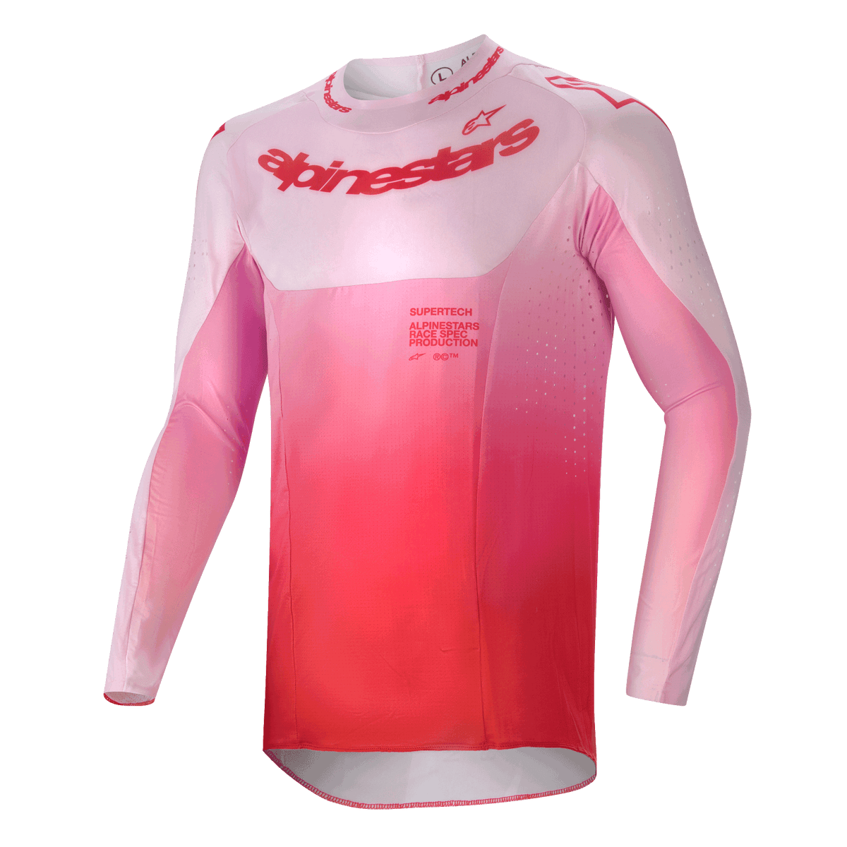 Alpinestars 2024 Supertech Dade Jersey, koszulka motocrossowa, kolor Red Berry Lilac z gradientem od różowego do czerwonego, długi rękaw, atletyczny krój, laserowo wycinane otwory wentylacyjne, wyraziste logo na piersi, profesjonalna odzież do jazdy w terenie