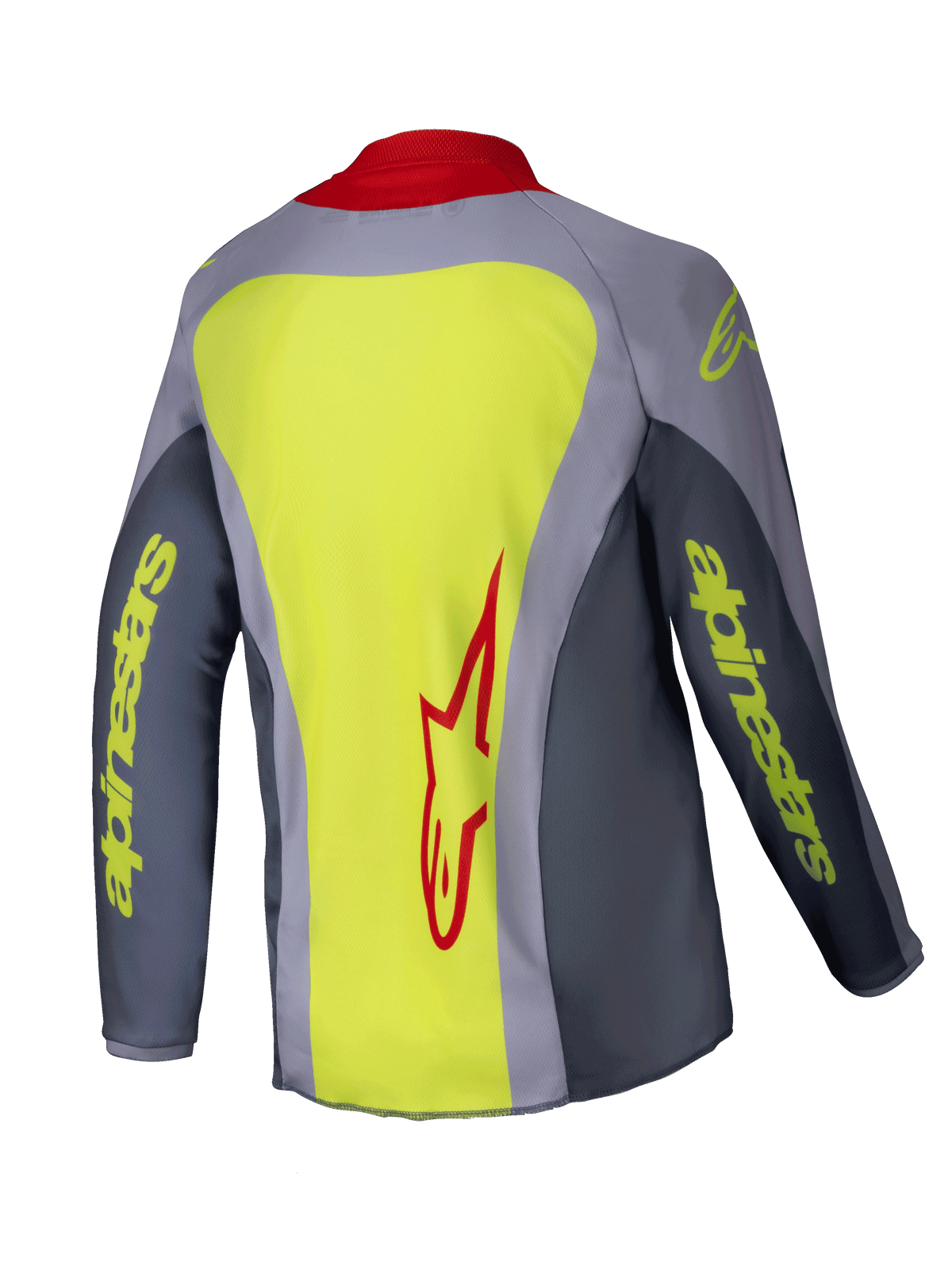 Alpinestars 2025 Youth Racer Melt Jersey, koszulka motocrossowa, jasnoczerwona i szara z neonowożółtymi akcentami, widok z tyłu przedstawiający duży neonowożółty panel z czerwonym logo Alpinestars, szare rękawy z żółtym napisem marki i czerwony kołnierzyk, lekka odzież techniczna do wyścigów terenowych