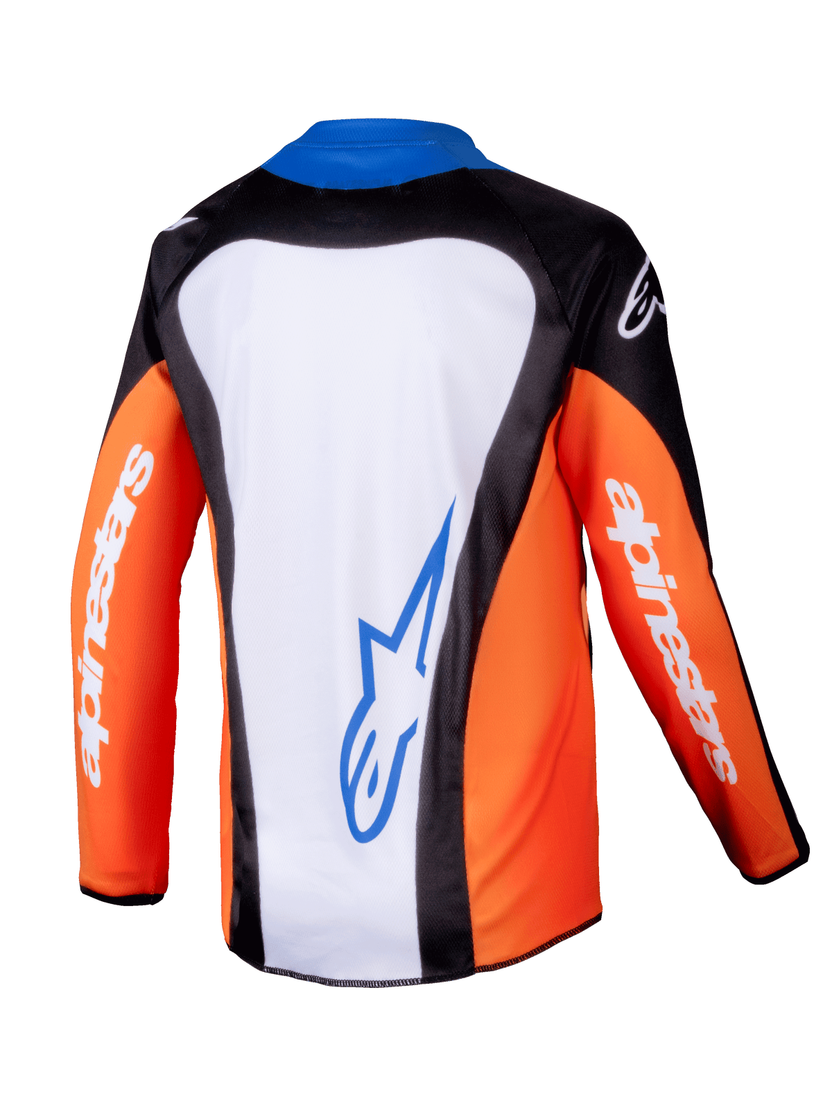 Alpinestars 2025 Youth Racer Melt Jersey, koszulka motocrossowa, pomarańczowo-niebiesko-biała, widok z tyłu pokazujący biały panel z niebieskim logo, pomarańczowe rękawy z białym brandingiem, ergonomiczny design do jazdy terenowej dla młodzieży
