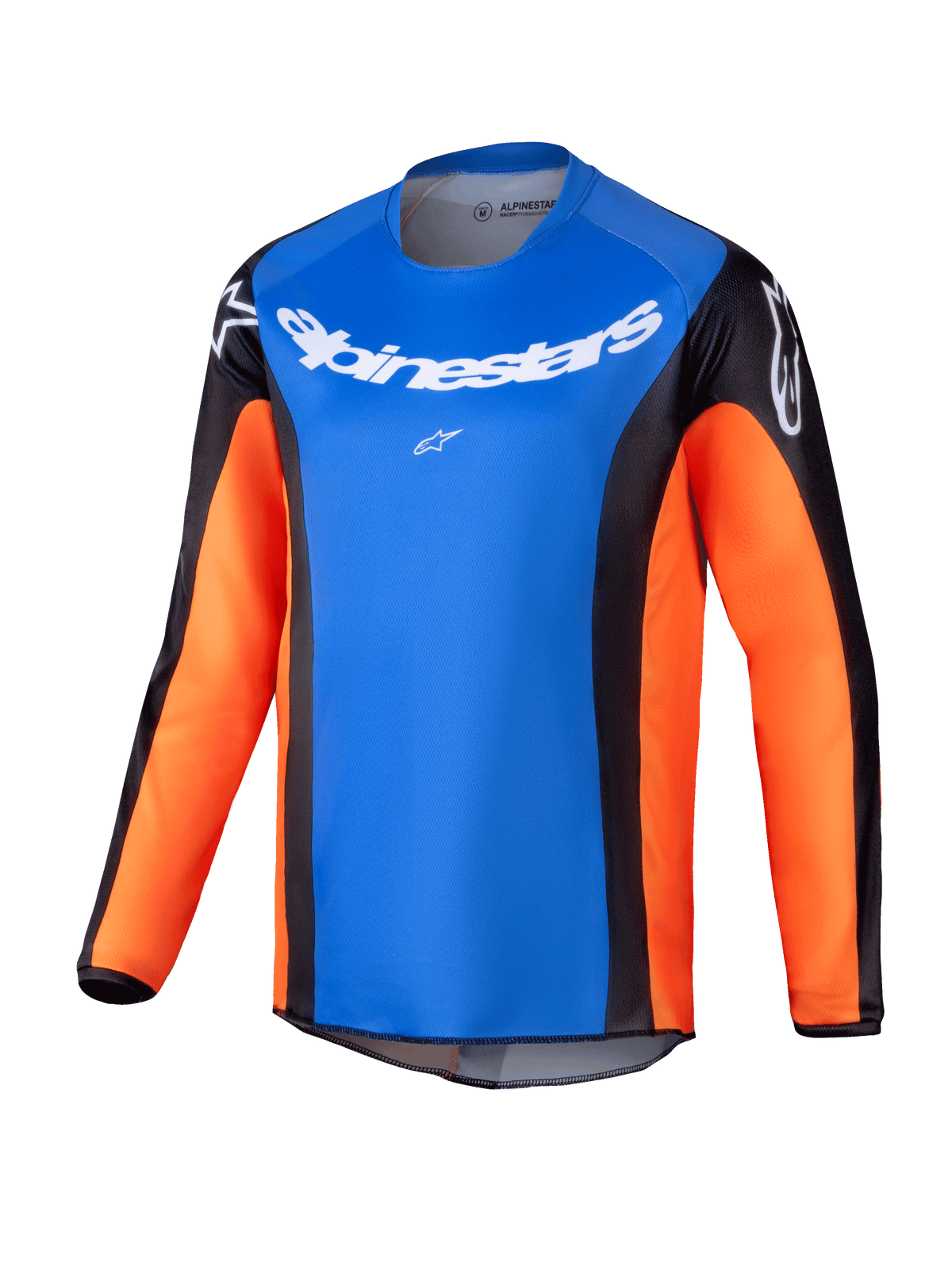 Alpinestars Youth Racer Melt Jersey 2025, młodzieżowa koszulka motocrossowa z długim rękawem, jasnoniebieski przód, pomarańczowe rękawy i czarne panele boczne, białe logo Alpinestars na klatce piersiowej i ramionach, lekki materiał odprowadzający wilgoć do młodzieżowej jazdy terenowej