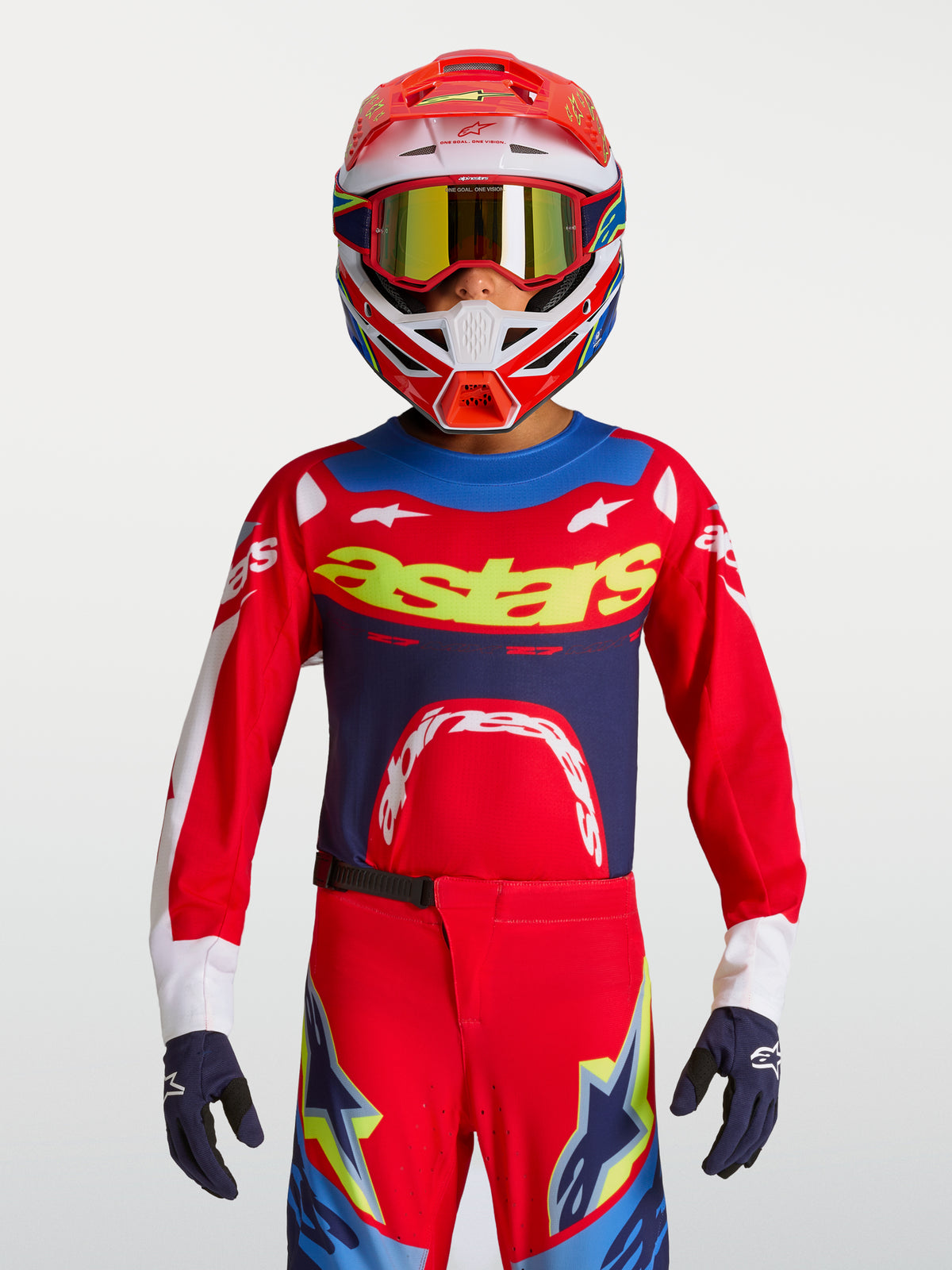 Alpinestars Koszulka Supertech Dyna Młodzieżowe 2027, czerwona i niebieska koszulka motocrossowa z oddychającej siatki.