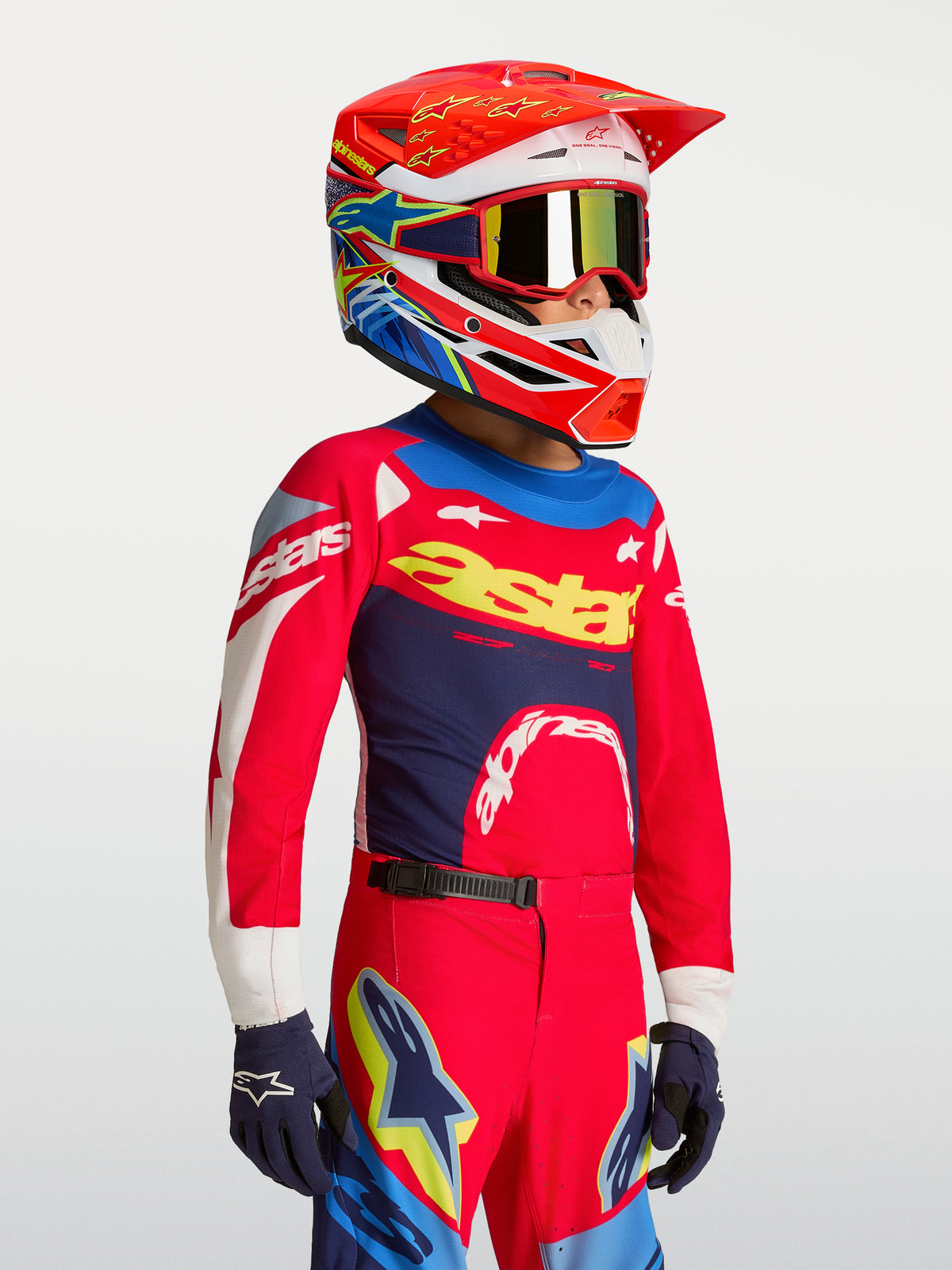 Alpinestars Koszulka Supertech Dyna Młodzieżowe, czerwona i granatowa koszulka motocrossowa z lekkiej siatki, profesjonalna odzież wyścigowa MX.