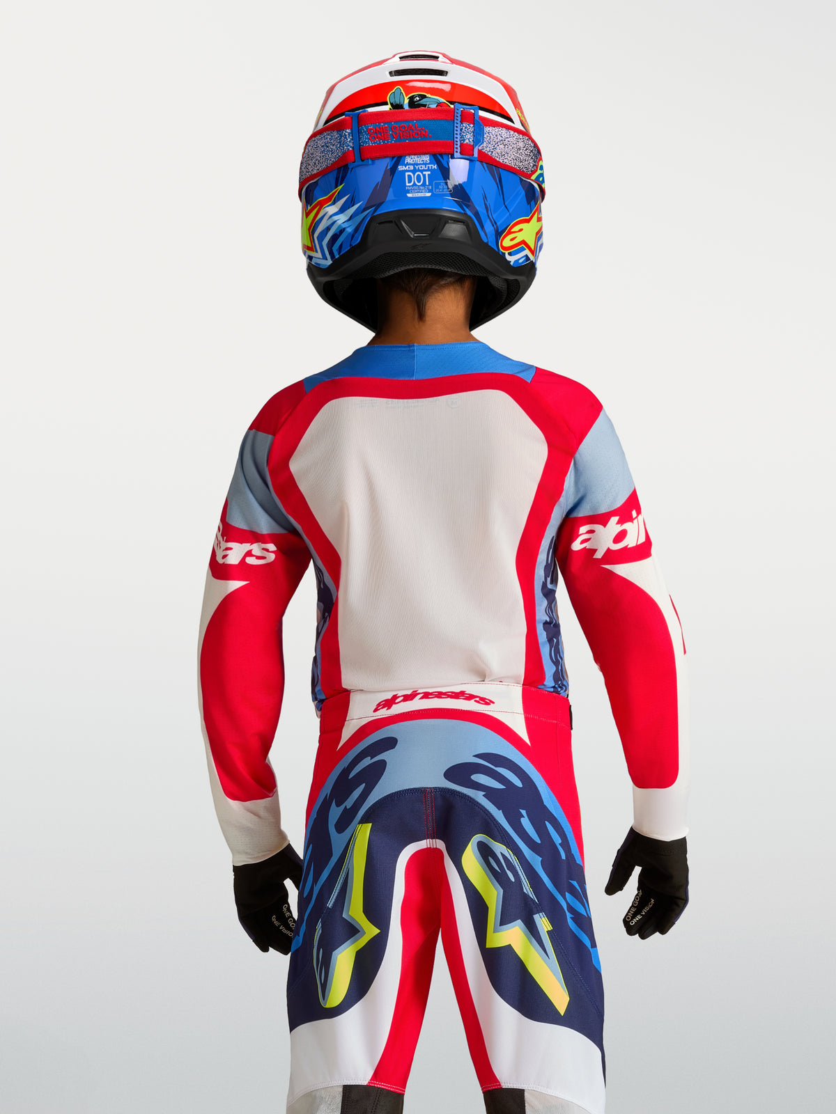 Alpinestars koszulka Supertech Dyna młodzieżowe 2027, czerwona i granatowa koszulka motocrossowa, siatka mesh, tył na modelu.