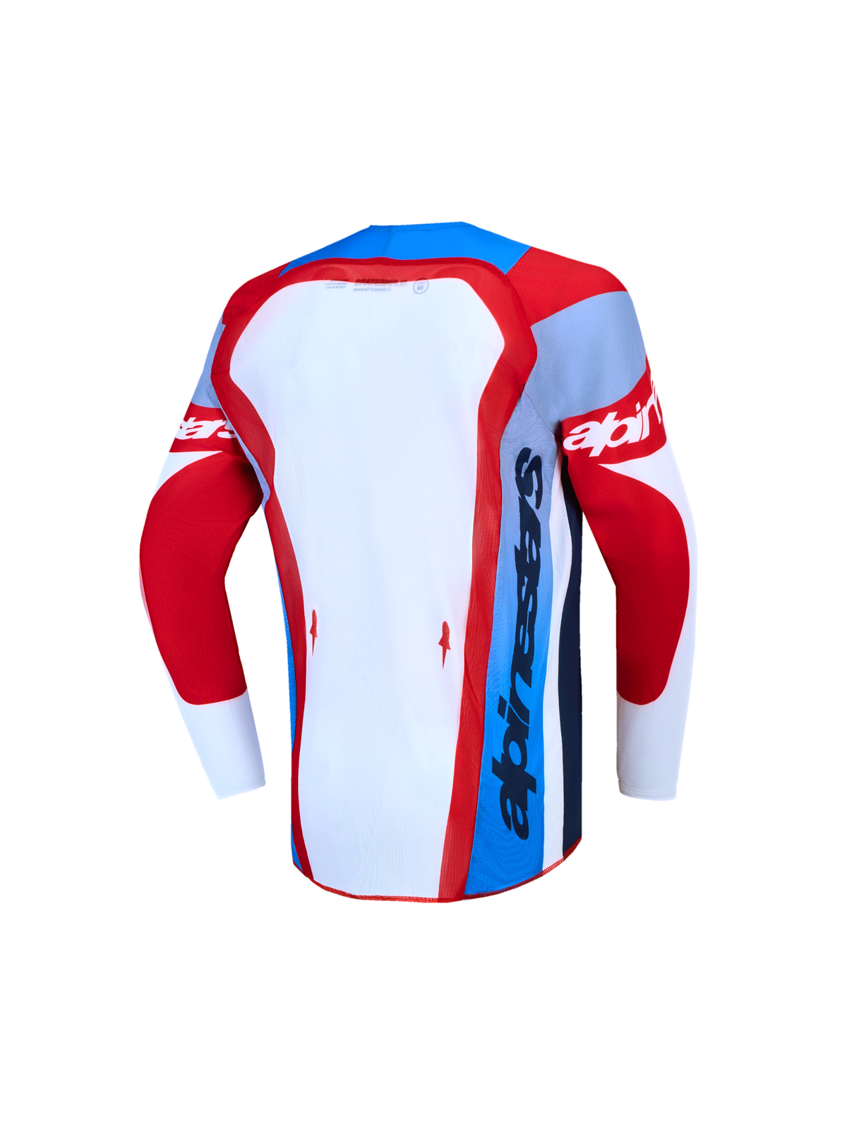 Alpinestars Supertech Dyna Młodzieżowe, koszulka motocrossowa MX, czerwona i biała z niebieskimi detalami, widok z tyłu, lekka siatka z laserowymi perforacjami