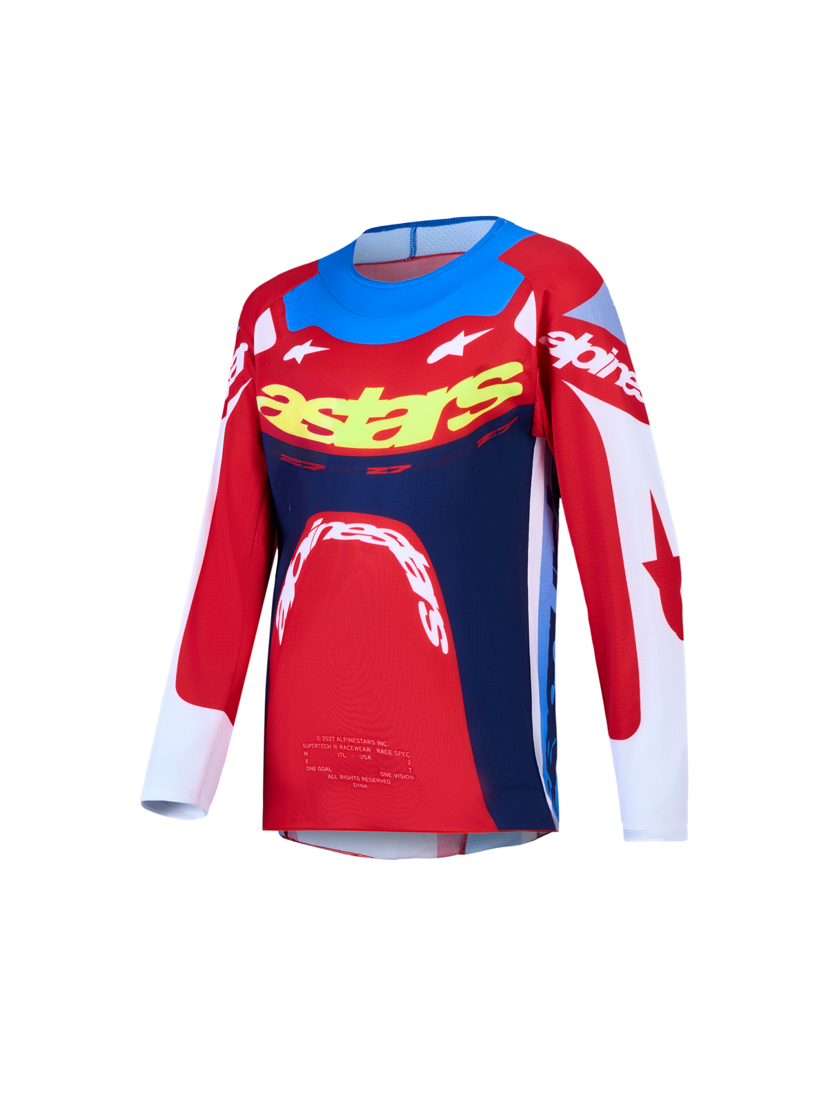 Alpinestars Supertech Dyna, młodzieżowa koszulka motocrossowa, czerwona i granatowa, sportowy krój wyścigowy.