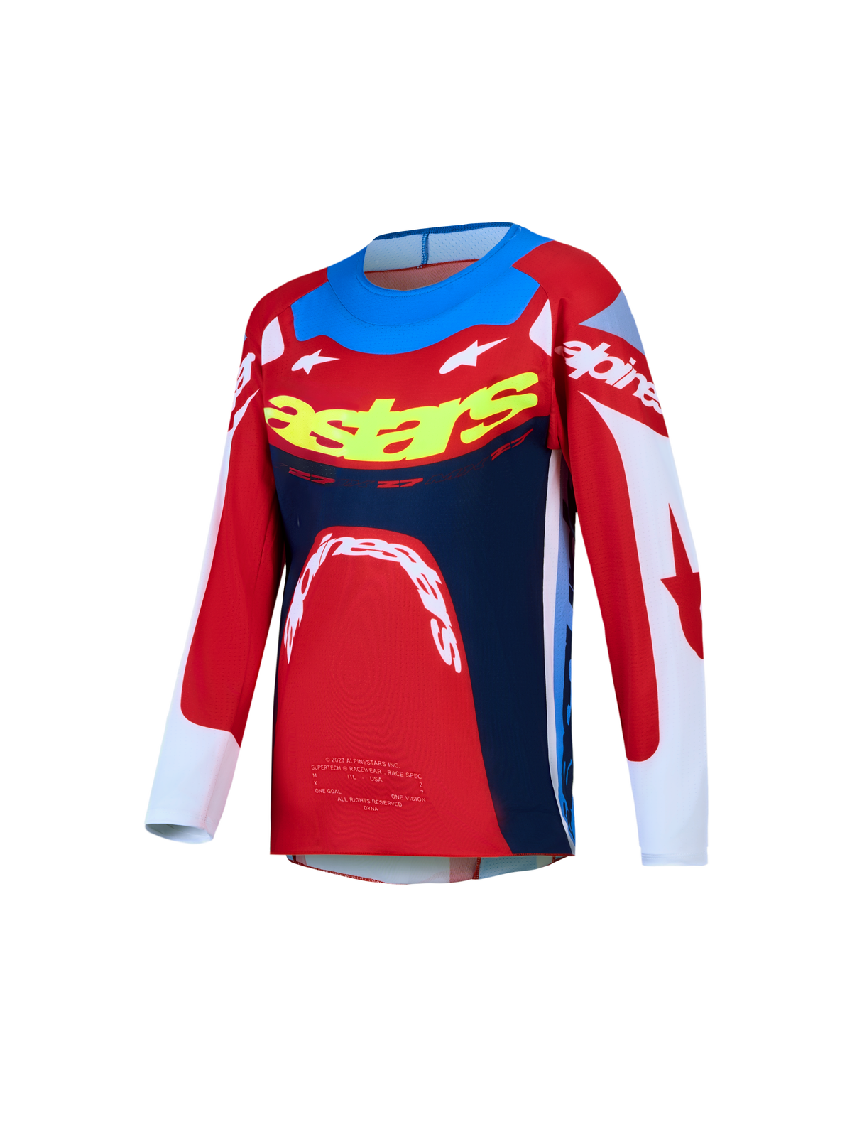 Koszulka Alpinestars Supertech Dyna 2027, czerwono-granatowa młodzieżowa koszulka MX z elastycznej siatki.