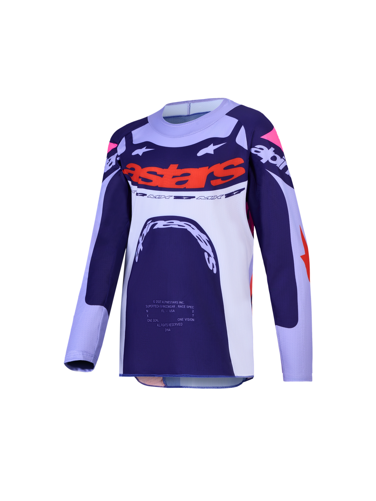 Alpinestars Youth Supertech Dyna Jersey, młodzieżowa koszulka motocrossowa, granatowa i biała z pomarańczowymi akcentami, odzież terenowa off-road.