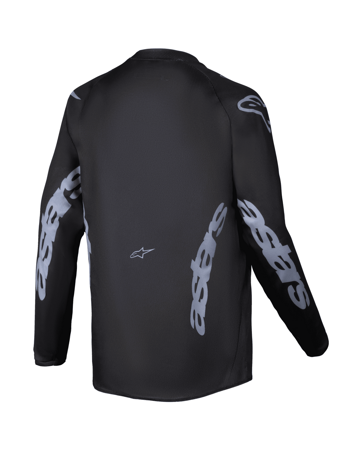Alpinestars Youth Racer Graphite Jersey 2025, widok z tyłu, czarno-szara, koszulka motocrossowa z długim rękawem, szare logo Alpinestars na rękawach i bokach, materiał odprowadzający wilgoć, przedłużony tył do jazdy terenowej