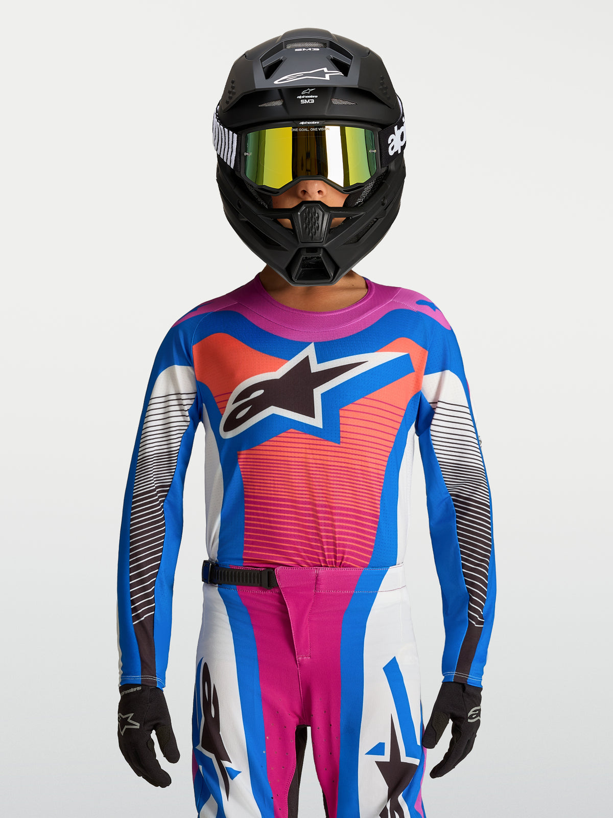 Młodzieżowa koszulka Alpinestars Supertech Maven, niebieska i koralowa, wyścigowa odzież motocrossowa z lekkiej siatki.