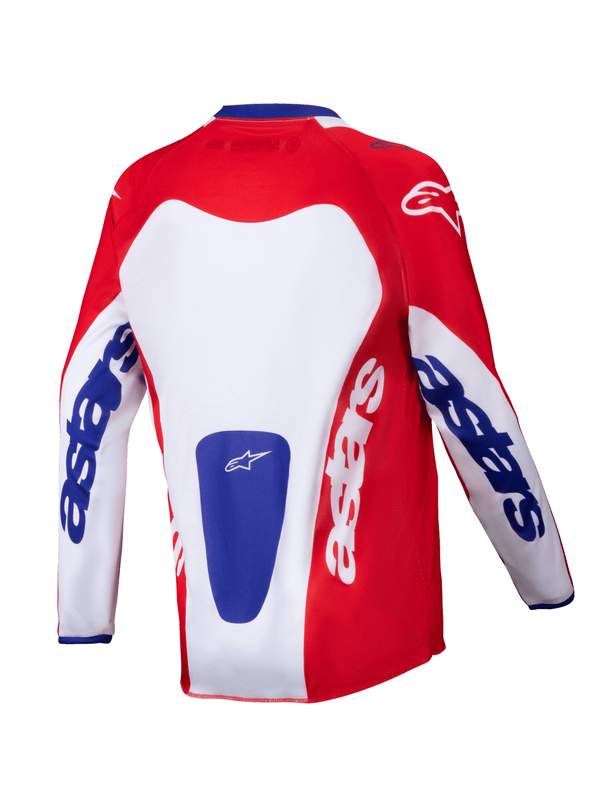 Alpinestars Youth Racer Veil Jersey 2025, koszulka motocrossowa, jasnoczerwona i biała z niebieskimi akcentami, widok z tyłu z wyraźnym logo „astars” na rękawach i plecach, zaprojektowana dla młodzieży do jazdy terenowej