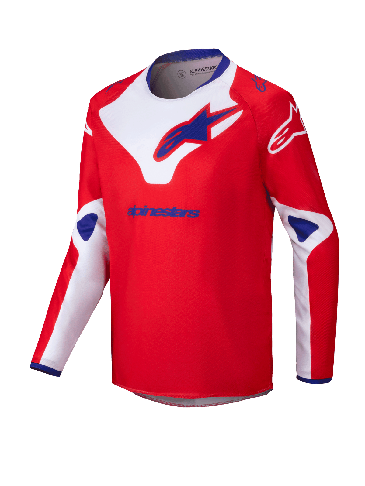 Alpinestars Youth Racer Veil Jersey 2025, młodzieżowa koszulka motocrossowa, czerwona z białymi i niebieskimi akcentami, długi rękaw, materiał odprowadzający wilgoć, duże logo Alpinestars na klatce piersiowej i ramionach, niebieski kołnierz, wyczynowa odzież terenowa
