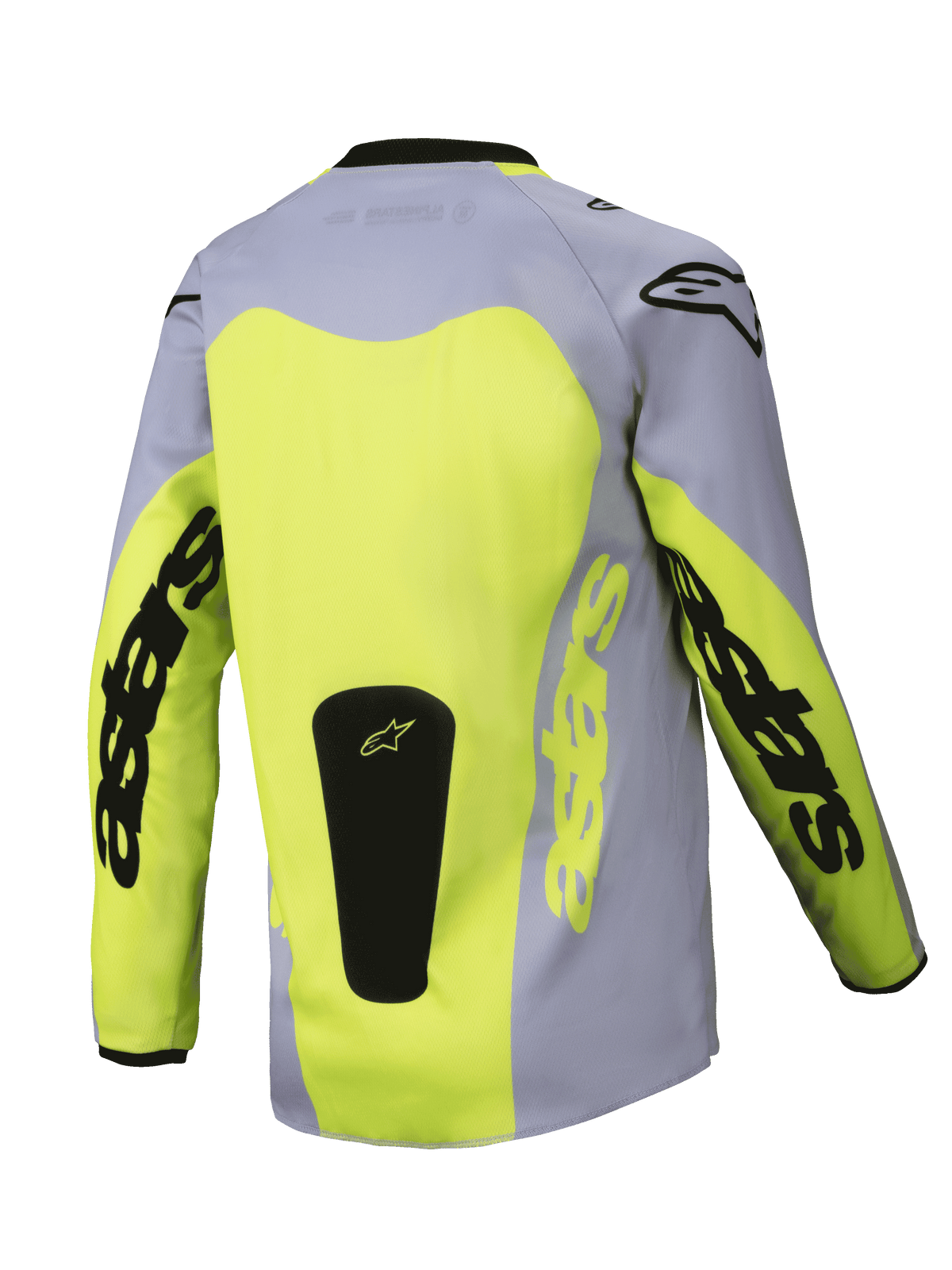 Alpinestars Youth Racer Veil Jersey 2025, młodzieżowa koszulka motocrossowa, widok z tyłu, szary i neonowy żółty, duży żółty panel na plecach, branding Astars na rękawach, czarna naszywka z logo u dołu, lekka odzież do jazdy terenowej