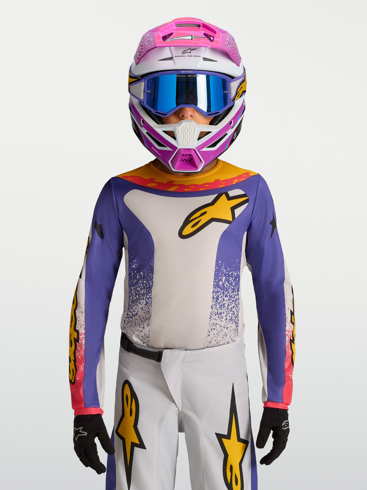 Koszulka Alpinestars Fluid Drag Młodzieżowe 2027, niebieska i biała koszulka motocrossowa off-road ze złotymi akcentami, lekki i oddychający materiał.