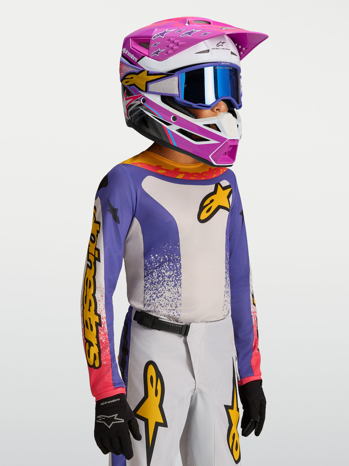 Alpinestars koszulka Fluid Drag młodzieżowe, niebieska i biała z żółtymi akcentami, sportowa koszulka motocrossowa dla dzieci do jazdy off-road.