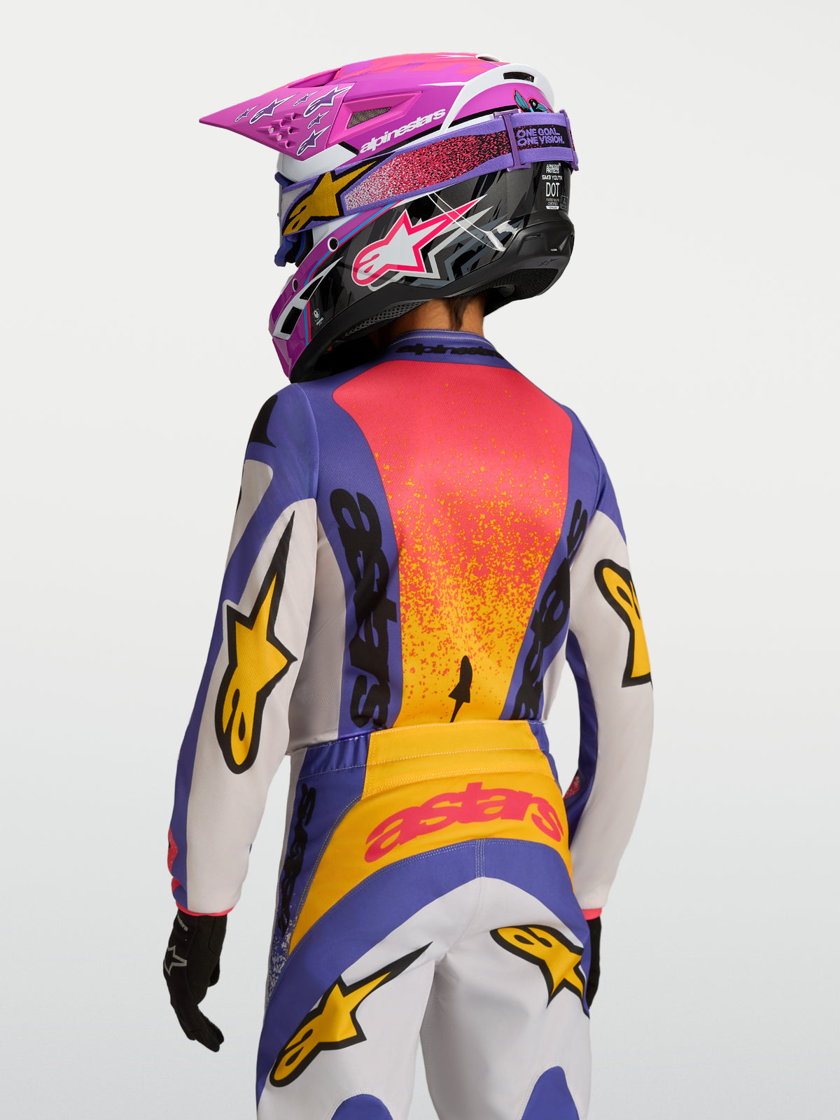 Alpinestars Koszulka Fluid Drag Młodzieżowe 2027, fioletowa i pomarańczowa koszulka MX, materiał odprowadzający wilgoć