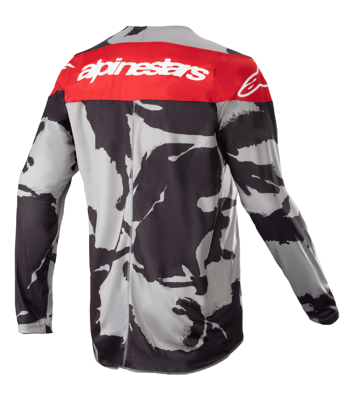 Alpinestars Youth 2023 Racer Tactical Jersey, koszulka motocrossowa, szary kamuflaż i czerwień Mars Red, widok z tyłu z czerwonym panelem na ramionach i białym logo Alpinestars, abstrakcyjny czarno-szary wzór kamuflażu, lekki materiał odprowadzający wilgoć do jazdy off-road