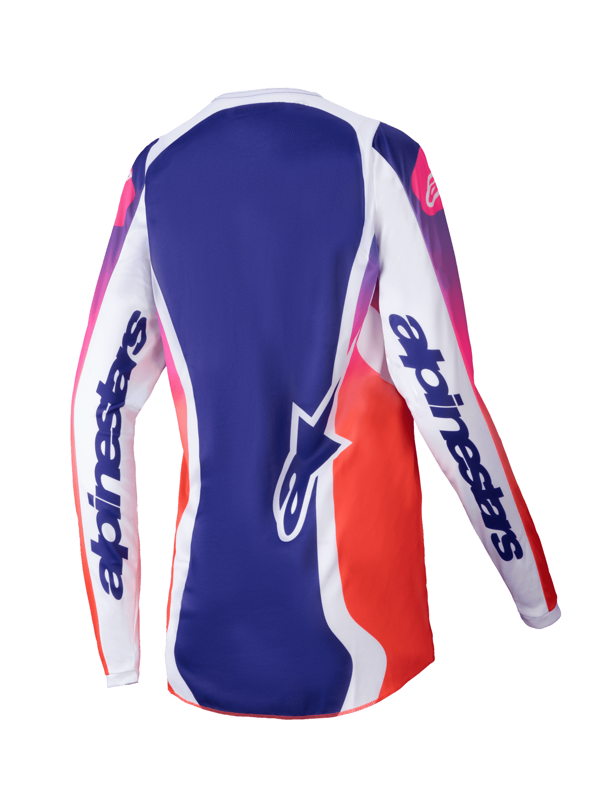 Alpinestars Stella Fluid Wurx Jersey 2025, damska koszulka motocrossowa, wielokolorowa biała z niebieskimi i różowo-pomarańczowymi gradientami, widok z tyłu, białe rękawy z wyraźnym brandingiem, niebieski panel środkowy z logo gwiazdy, sportowy design odprowadzający wilgoć