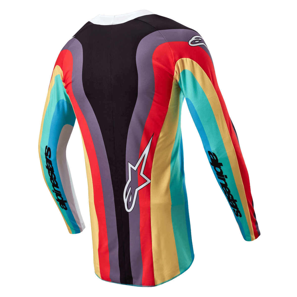 Alpinestars Stella Techstar Jersey 2024 damska, koszulka motocrossowa, czarna wielokolorowa, widok z tyłu z żywym, falistym wzorem w kolorach czerwonym, żółtym i turkusowym, białe logo Astar w dolnej części pleców, branding Alpinestars na rękawach.