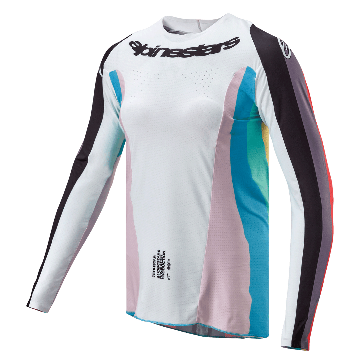 Alpinestars Stella 2024 Techstar Jersey, koszulka motocrossowa, czarny wielokolorowy, biały korpus z różowymi i turkusowymi panelami bocznymi, rękawy w czarne pasy, logo Alpinestars na piersi, sportowy damski krój z perforacjami wentylacyjnymi