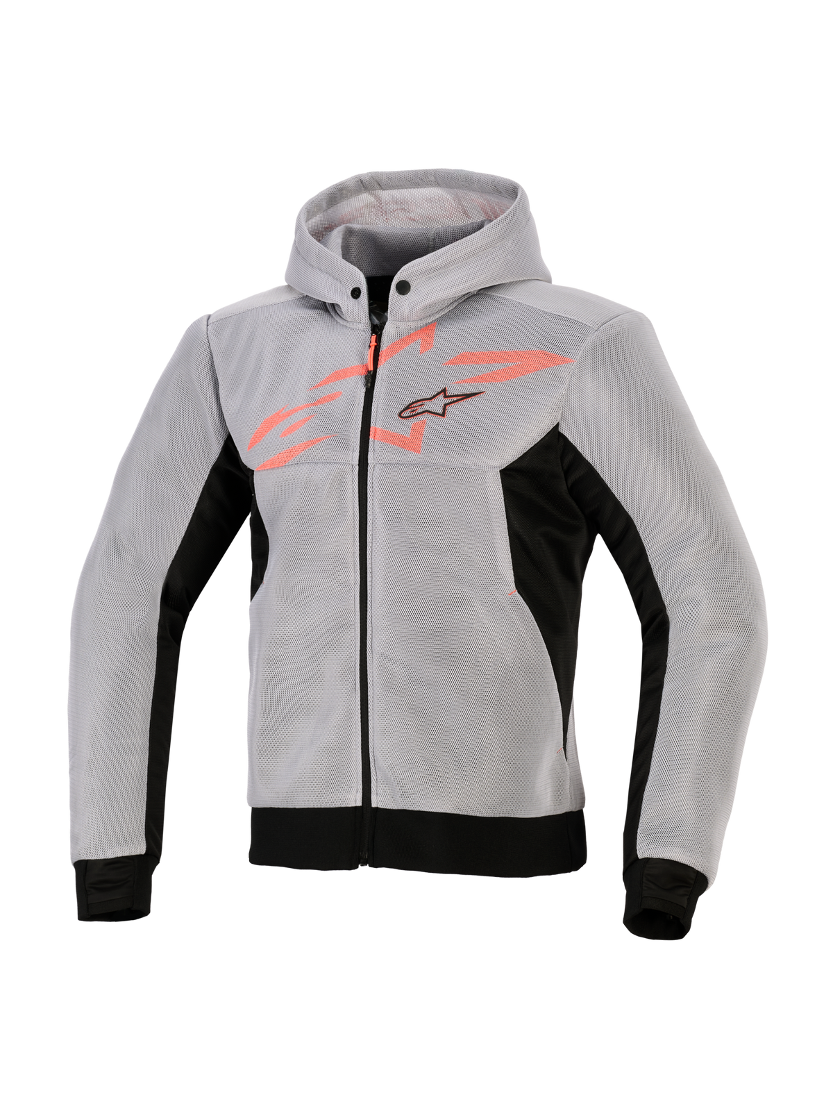 Alpinestars Chrome Superairflow Hoodie, techniczna bluza motocyklowa, czarna, średnioszara i czerwona fluo, konstrukcja z technicznej siatki 3D, jasnoszara z czarnymi panelami bocznymi i dołem, czerwona grafika fluo na klatce piersiowej z logo gwiazdy Alpinestars, sportowa odzież motocyklowa