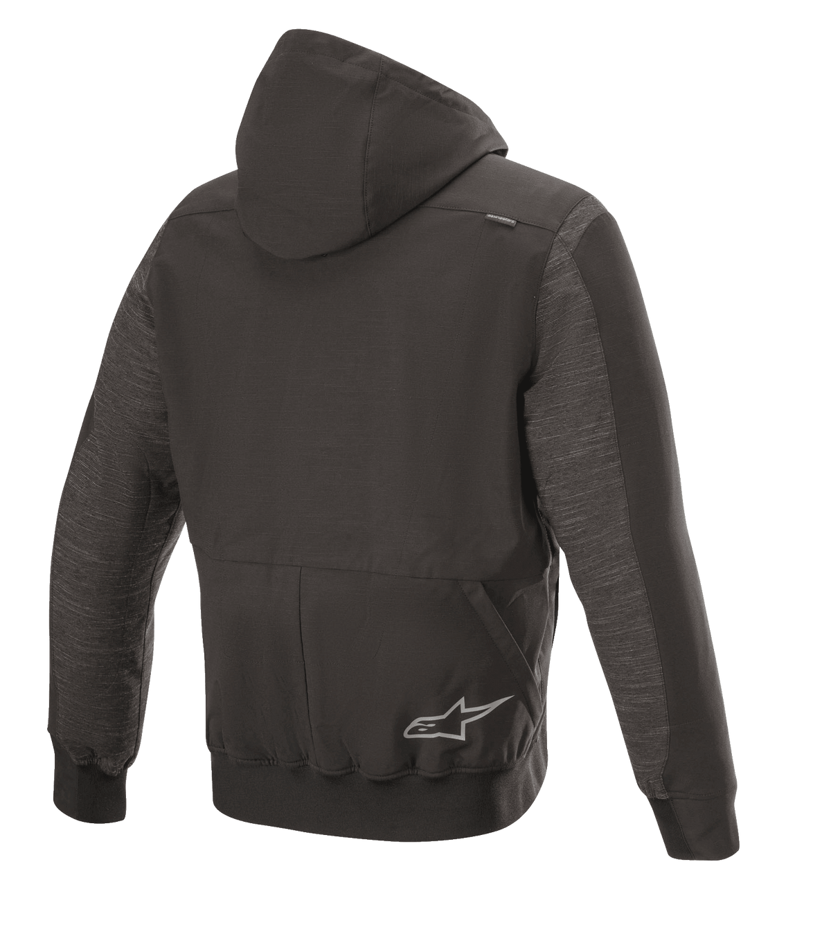 Alpinestars Rhod Windstopper Hoodie, miejska kurtka motocyklowa, Melange Black, widok z tyłu z odpinanym kapturem, ściągaczami na mankietach i u dołu oraz subtelnym logo z gwiazdą na plecach.