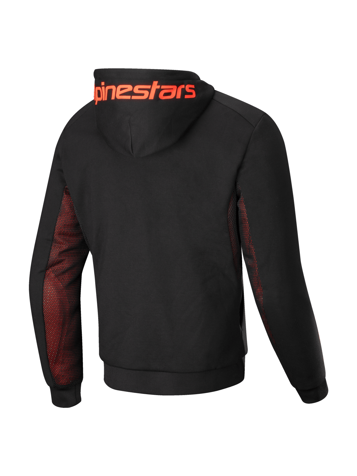 Alpinestars Bluza Z Kapturem Chrome Air Sport, męska motocyklowa bluza z kapturem, widok z tyłu przedstawiający czarną konstrukcję z polaru tech, czerwone fluo panele z siatki po bokach i pod rękawami oraz duże logo Alpinestars na kapturze, z certyfikatem CE klasy A