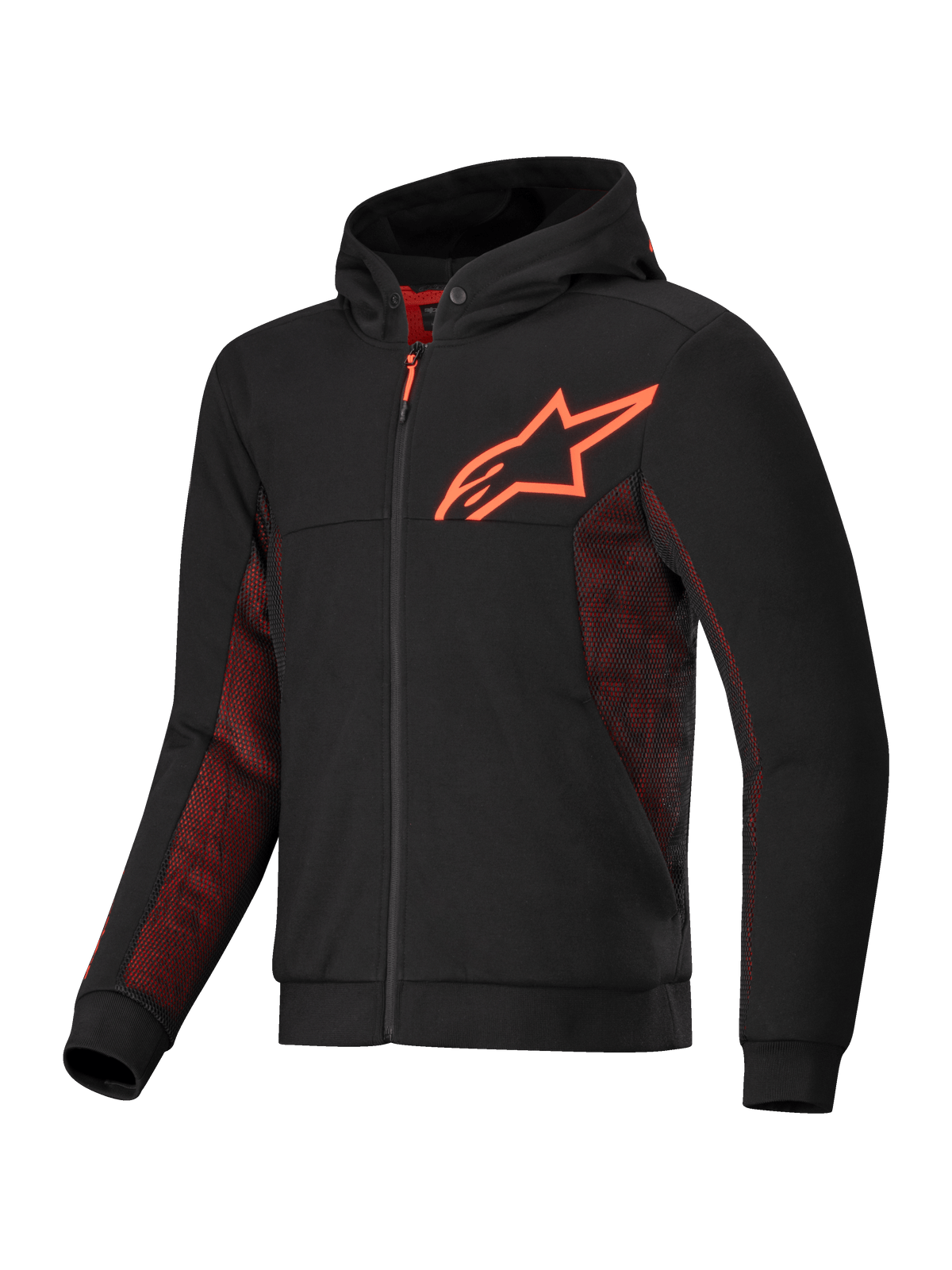 Alpinestars Chrome Air Sport Hoodie, motocyklowa bluza z kapturem, czarno-czerwona, certyfikat CE, panele z siatki i wzmocnienia aramidowe