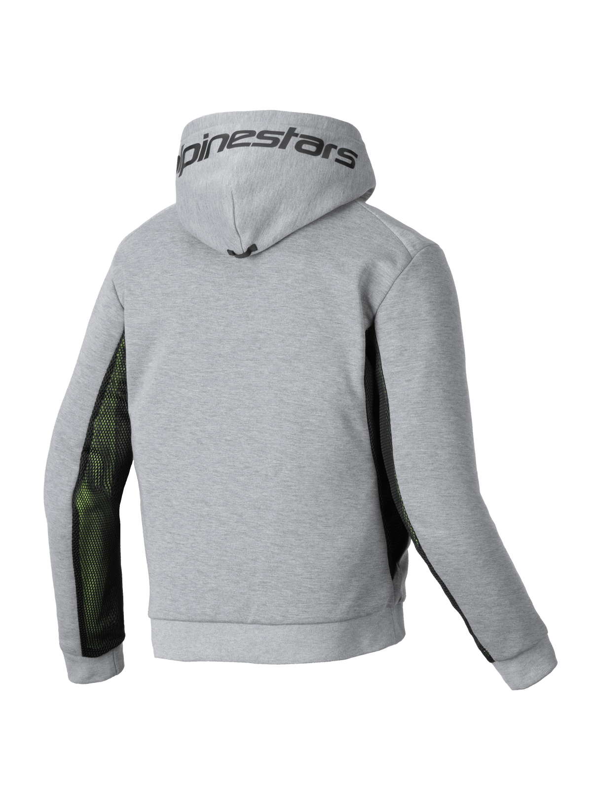 Alpinestars Chrome Air Sport Hoodie, męska motocyklowa bluza z kapturem, widok z tyłu przedstawiający szaro-melanżową i czarną kolorystykę z bocznymi panelami z siatki wentylacyjnej oraz logo Alpinestars na kapturze