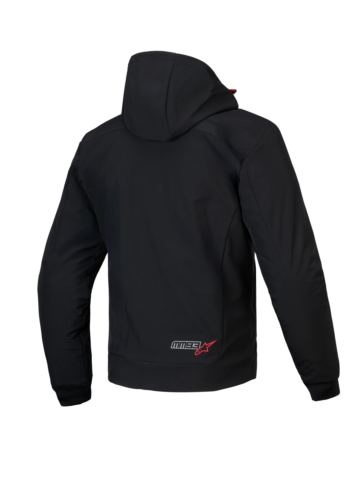 Alpinestars Bluza Z Kapturem MM93 Radium Tech, męska miejska kurtka motocyklowa, widok z tyłu, czarna z czerwonymi detalami, wiatroodporna powłoka techniczna z odpinanym kapturem