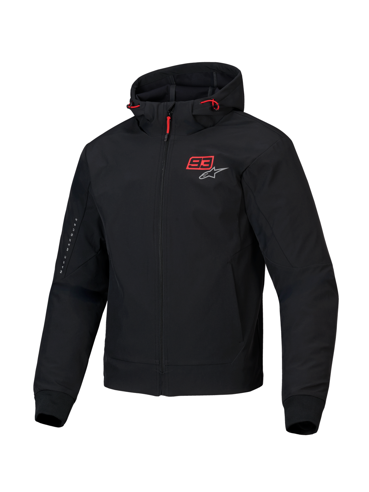Alpinestars Bluza Z Kapturem MM93 Radium Tech, czarna miejska kurtka motocyklowa z jasnymi czerwonymi akcentami, wiatroodporna 3-warstwowa powłoka techniczna